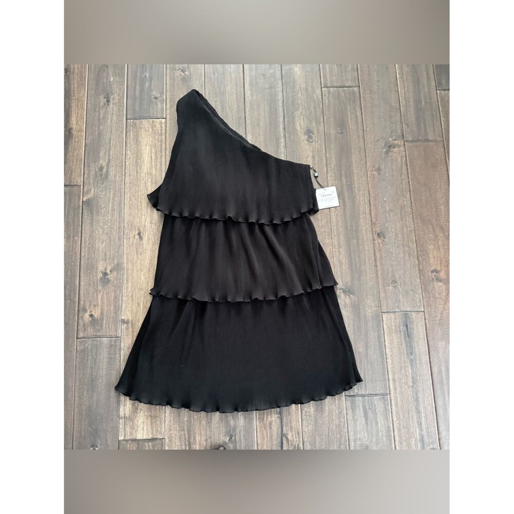 Laundry by Shelli Segal Black One-Shoulder Tiered Pleated Chiffon Dress 12 NWT